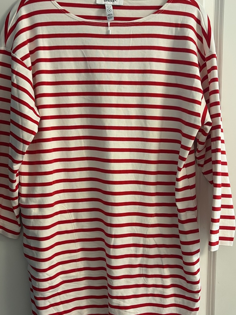 SPANX Red and Cream Striped Crewneck Top